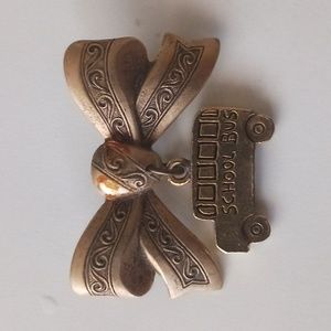 School Bus and Bow Pin Brooch Gold Tone